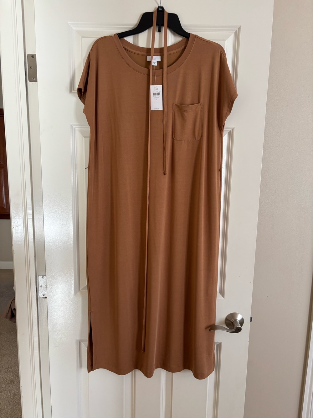 J Jill Relaxed Knit Pocket Tee Dress in Tiger Eye Golden Brown